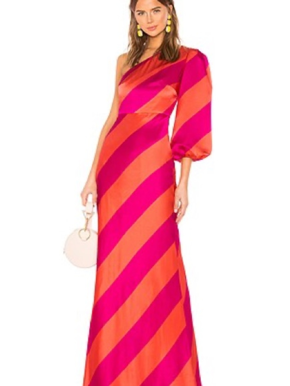 SALONI One-Shoulder Fuchsia and Coral Diagonal-Stripe Maxi Dress